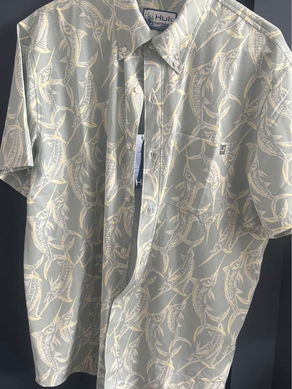 Huk Men’s Short Sleeve Button-Up Shirt in Sage and Cream Fish Print